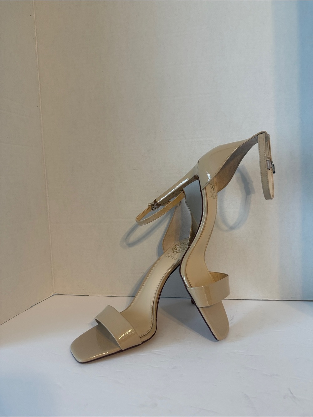 Vince Camuto Beige Patent Ankle-Strap Heeled Sandals